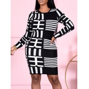 Lovely Casual O Neck Print Black Knee Length Dress