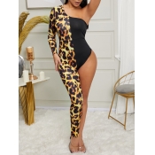 Lovely Trendy One Shoulder Leopard Print Patchwork