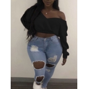 LW Plus Size Leisure V Neck Basic Black Short Hood