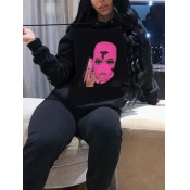 LW Casual Hooded Collar Print Black Hoodie