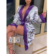Lovely Casual Print Loose Purple Coat