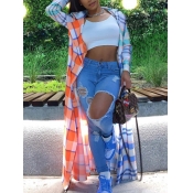 LW Trendy Turndown Collar Grid Print Patchwork Mul
