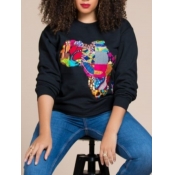 Lovely Casual O Neck Print Patchwork Black Hoodie