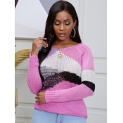 Lovely Trendy O Neck Patchwork Rose Red Sweater