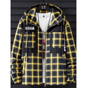 Lovely Casual Hooded Collar Grid Print Yellow Men 