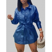 Lovely Stylish Turndown Collar Pocket Patched Blue