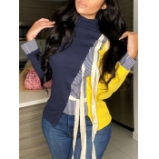 Lovely Stylish Turtleneck Patchwork Lace-up Navy B