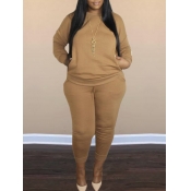 Lovely Casual O Neck Long Sleeve Coffee Plus Size 