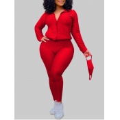 Lovely Casual Turndown Collar Zipper Design Red Pl
