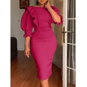 LW Stylish O Neck Flounce Design Rose Knee Length 