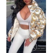 Lovely Casual Turndown Collar Print Zipper Design 