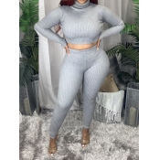 Lovely Casual Turtleneck Long Sleeve Grey Two Piec