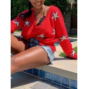 Lovely Stylish V Neck Long Sleeve Print Red Sweate