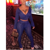 Lovely Sexy Deep V Neck Blue Two Piece Pants Set
