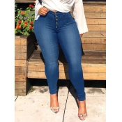 Lovely Trendy Buttons Design Blue Plus Size Jeans