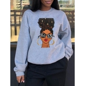 Lovely Leisure O Neck Print Grey Hoodie