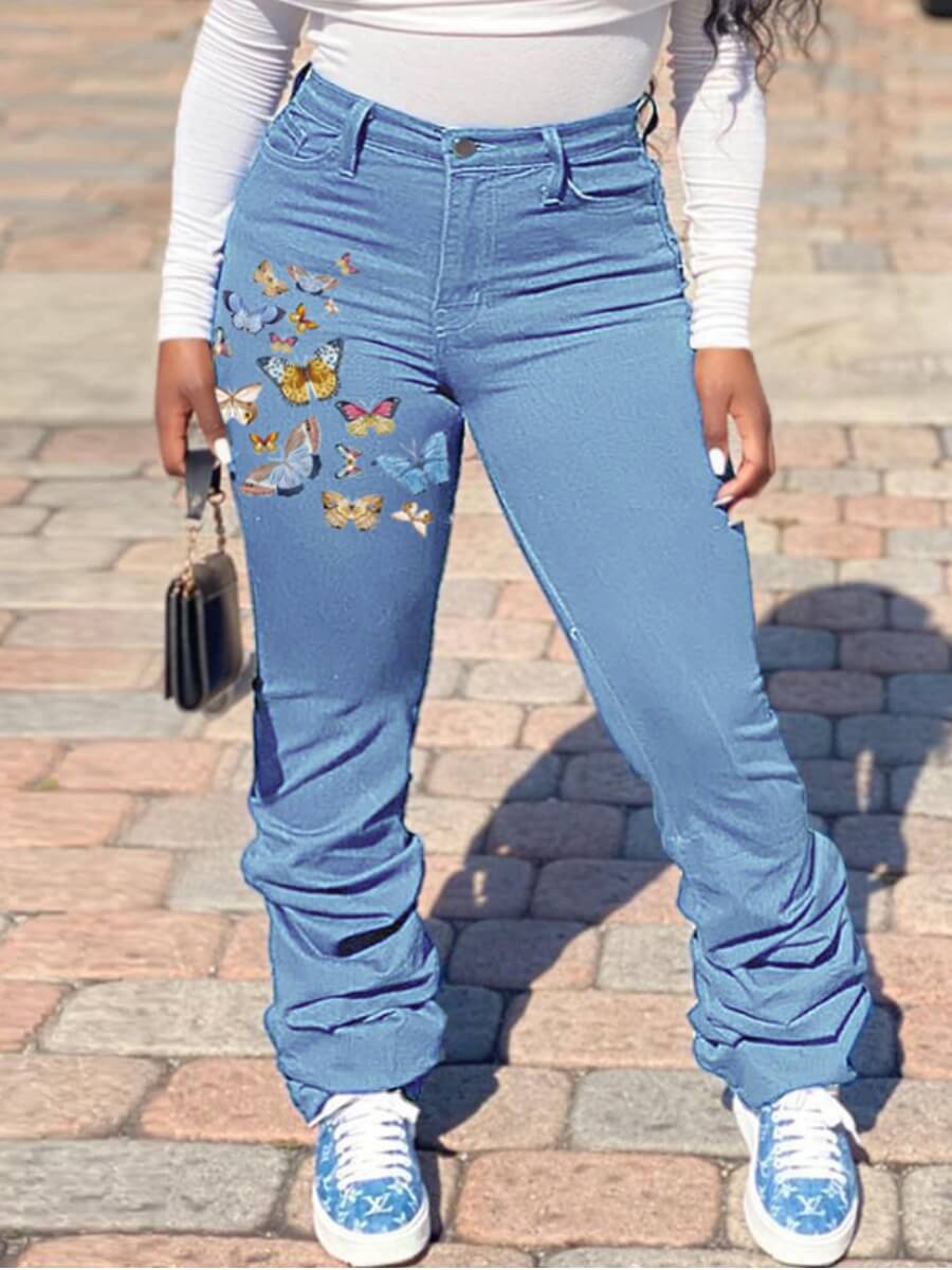 Lovely Stylish Butterfly Print Baby Blue Plus Size Jeans