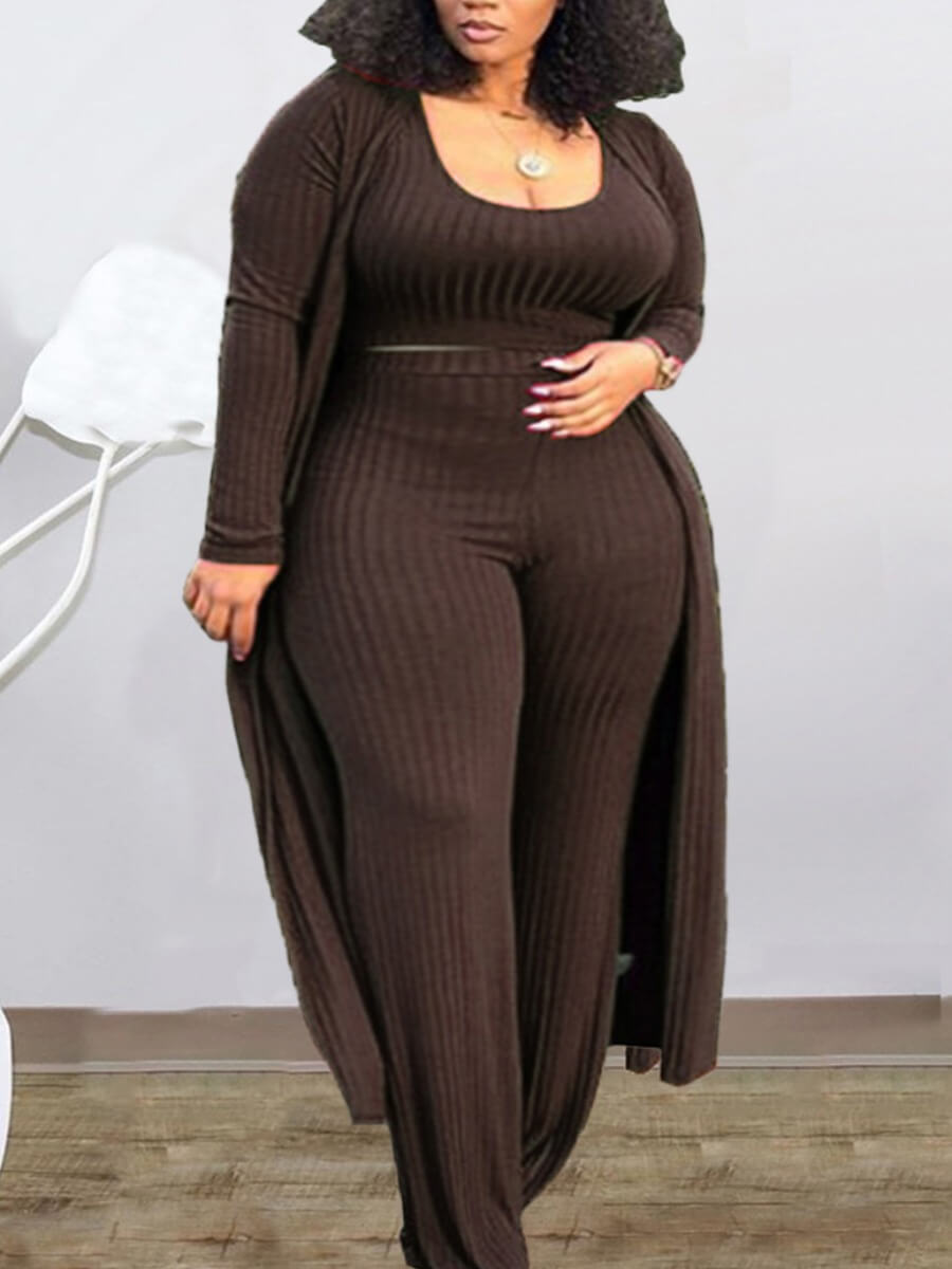 Lovely Casual U Neck Brown Plus Size Three-piece Pants Set