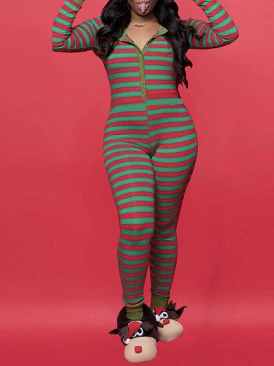 Lovely Christmas Day Striped Green One-piece Jumpsuit