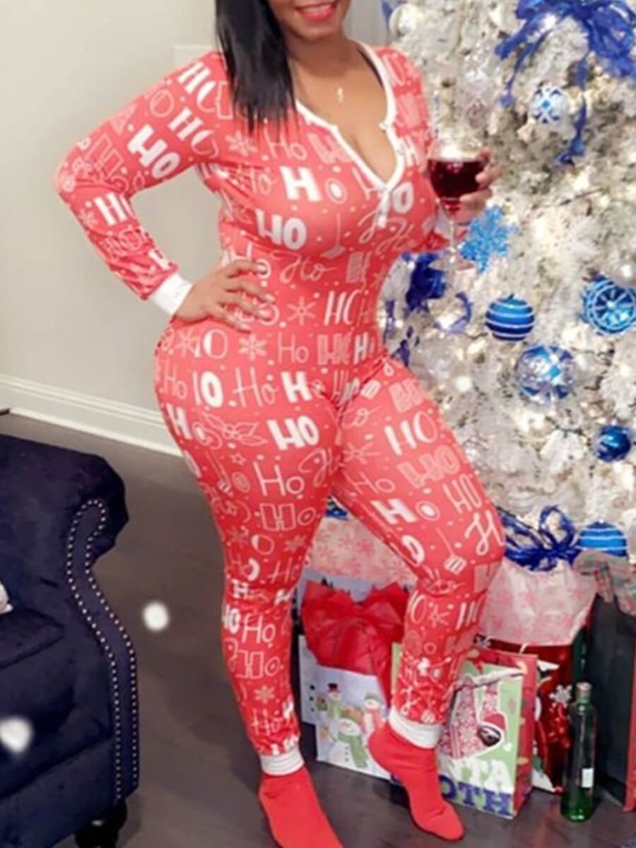 LW Christmas Day Letter Print Skinny Jumpsuit