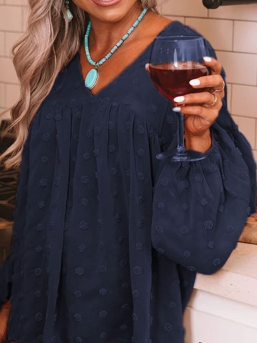LW Stylish V Neck Fold Design Loose Dark Blue Blouse
