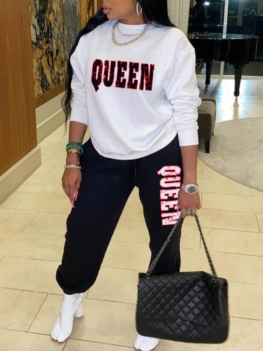 LW Casual O Neck Letter Print Black Pants Set