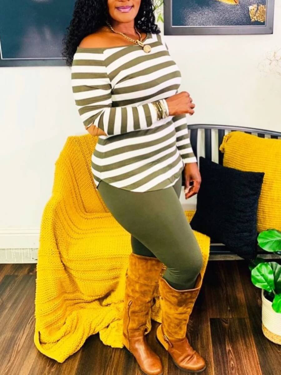 LW Off The Shoulder Striped Curved Hem Pants Set