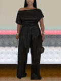 LW Plus Size Party Bateau Neck Short Sleeve Sequined Black One-piece Jumpsuit