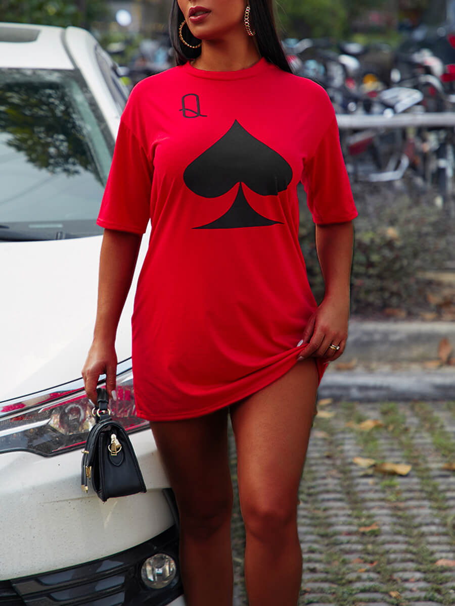 LW Casual O Neck Heart-shaped Print Red Mini Dress