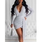 Lovely Sexy Deep V Neck Asymmetrical Silver Mini D