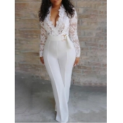 Lovely Formal V Neck Lace Stitching White One-piec