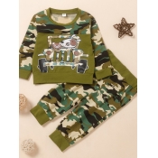 Lovely Sportswear O Neck Cartoon Print Green Boy T