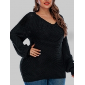 Lovely Trendy V Neck Basic Black Plus Size Sweater