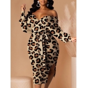 Lovely Stylish Dew Shoulder Leopard Print Mid Calf