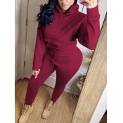 Lovely Casual Hooded Collar Basic Wine Red Two Pie