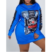 Lovely Street O Neck Print Blue Knee Length Plus S