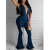Lovely Sexy Deep V Neck Backless Deep Blue Denim O
