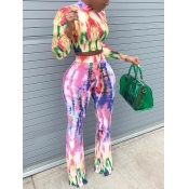 Lovely Casual Tie Dye Crop Top Red Two Piece Pants