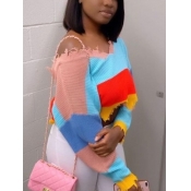 Lovely Street V Neck Patchwork Loose Orange Red Sw