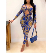 LW Mixed Print Hollow-out Skinny Jumpsuit