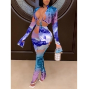 Lovely Casual Deep V Neck Print Patchwork Blue Two