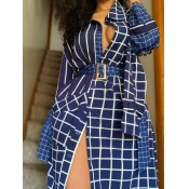 Lovely Stylish Turndown Collar Grid Print Blue Tre