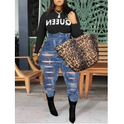 Lovely Plus Size Casual Letter Print Ripped Patchw
