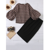 Lovely Girl Stylish O Neck Grid Print Brown Two-pi