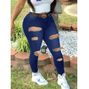 Lovely Stylish Hollow-out Deep Blue Plus Size Jean
