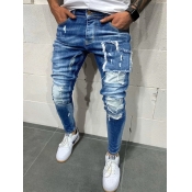 LW COTTON Men Street Patchwork Bue Jeans