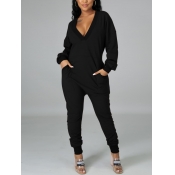 LW BASICS Casual V Neck Black One-piece Jumpsuit