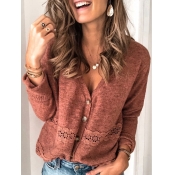 LW Chic V Neck Lace Patchwork Brick Red Cardigan