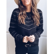 Lovely Casual O Neck Rivet Decorative Black Sweate