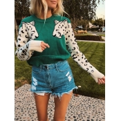 Lovely Casual Leopard Print Patchwork Green Sweate
